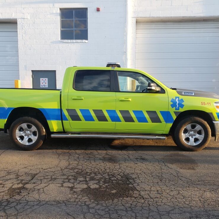 Medical transportation truck wrap and striping