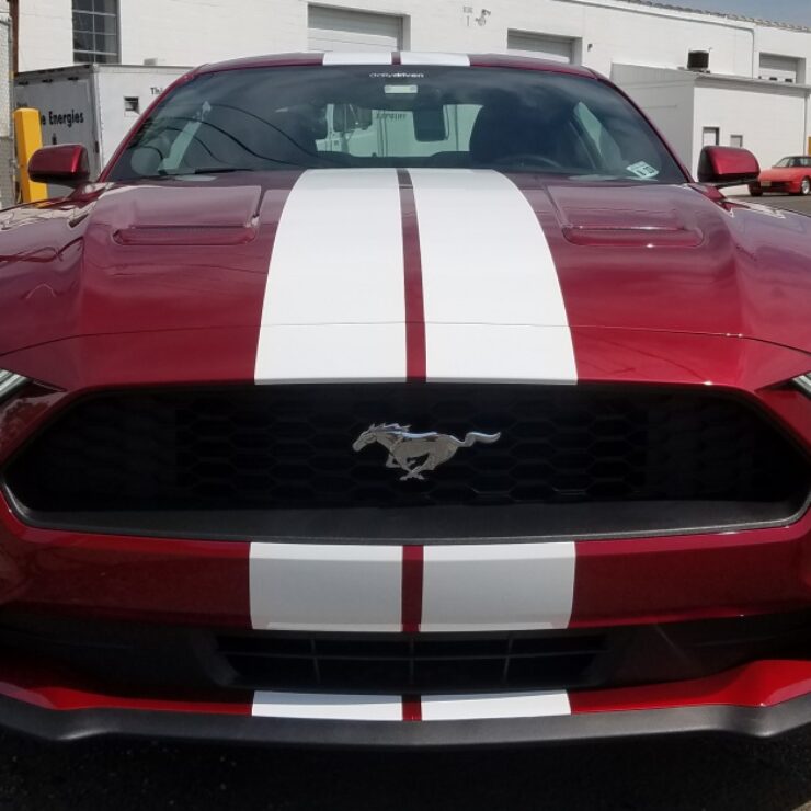 Ford Mustang white racing stripes custom install