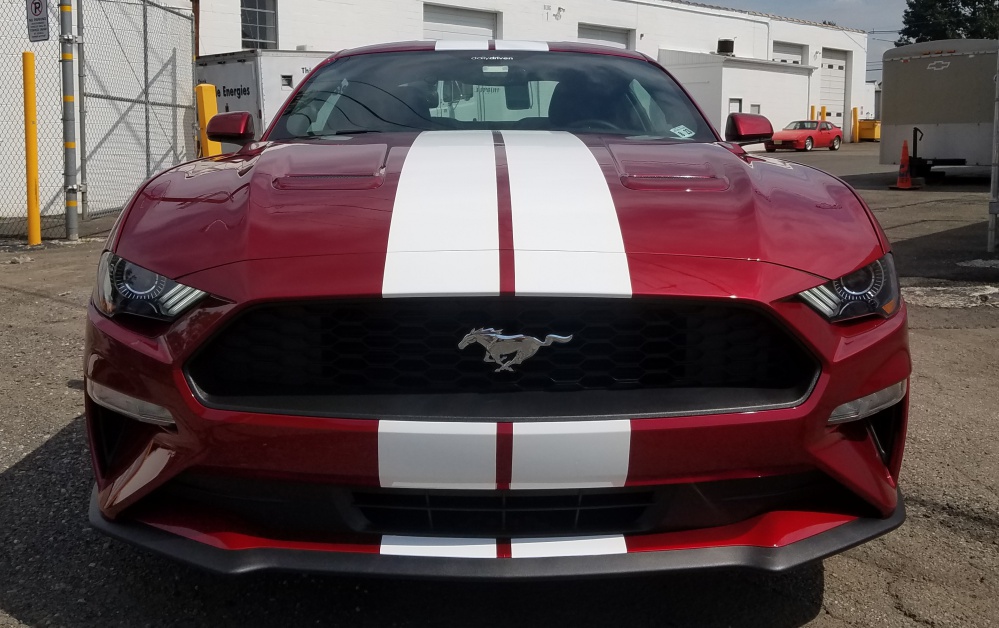 Ford Mustang white racing stripes custom install