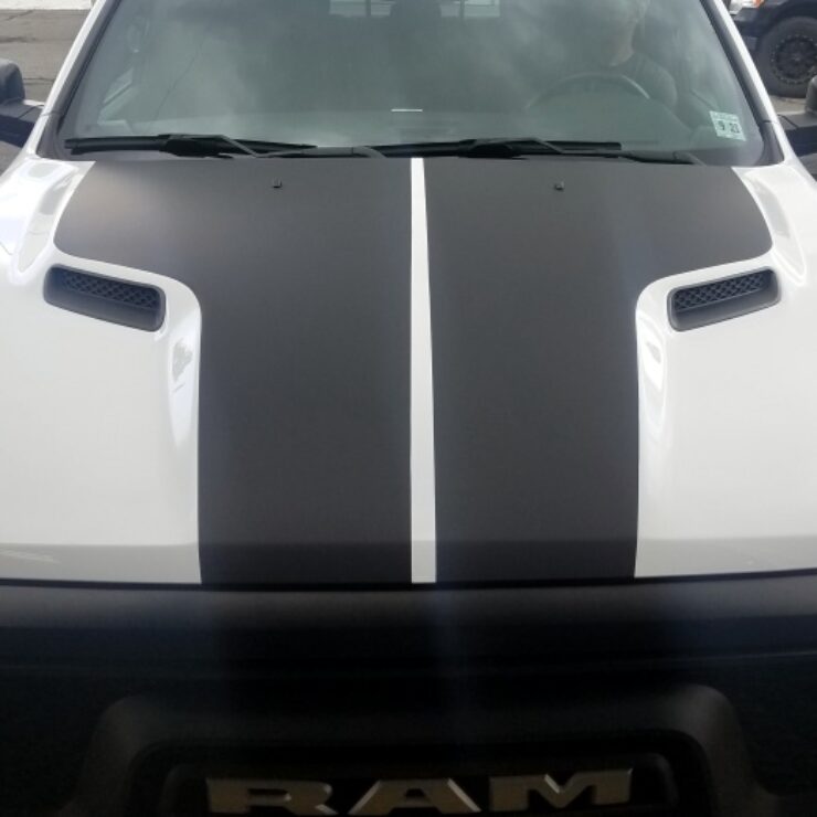 Black matte hood stripes on Dodge Ram Truck